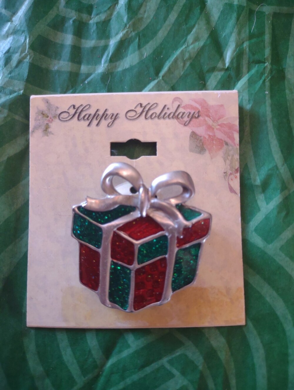 Christmas Present Gift Box Brooch Pin Glitter Enamel Silver brooch pin pendant